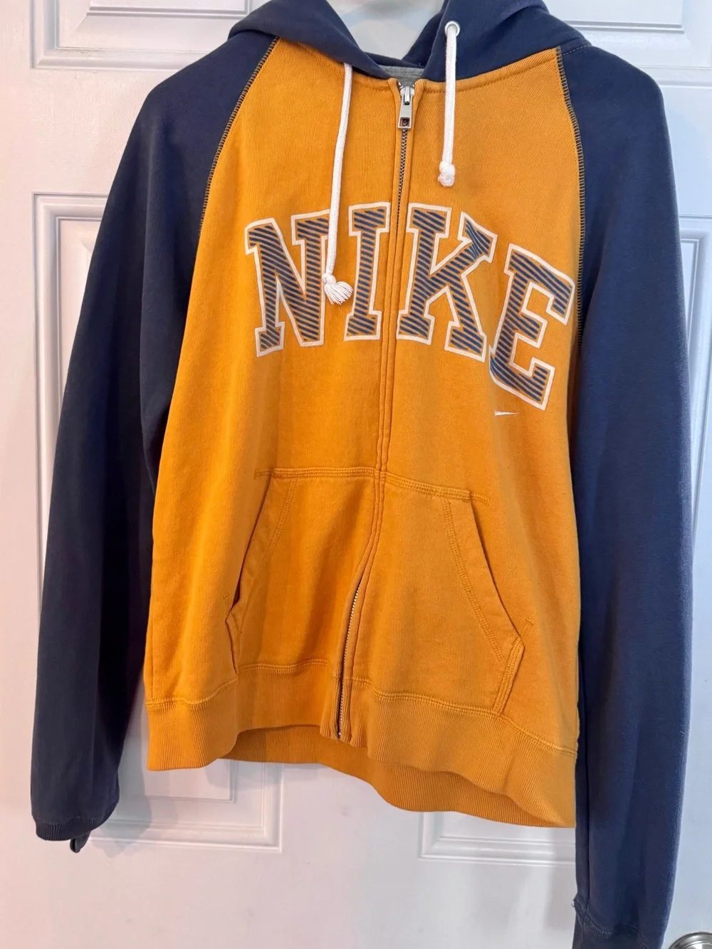 Vintage Nike Men’s Two-Tone Zip Hoodie in Mustard and Navy Blue
